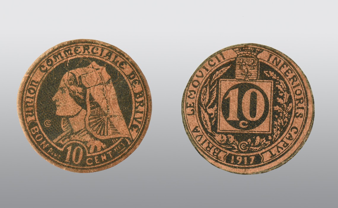 Monnaie de nécessité : jeton de l'Union Commerciale de Brive, carton imprimé, 1917.