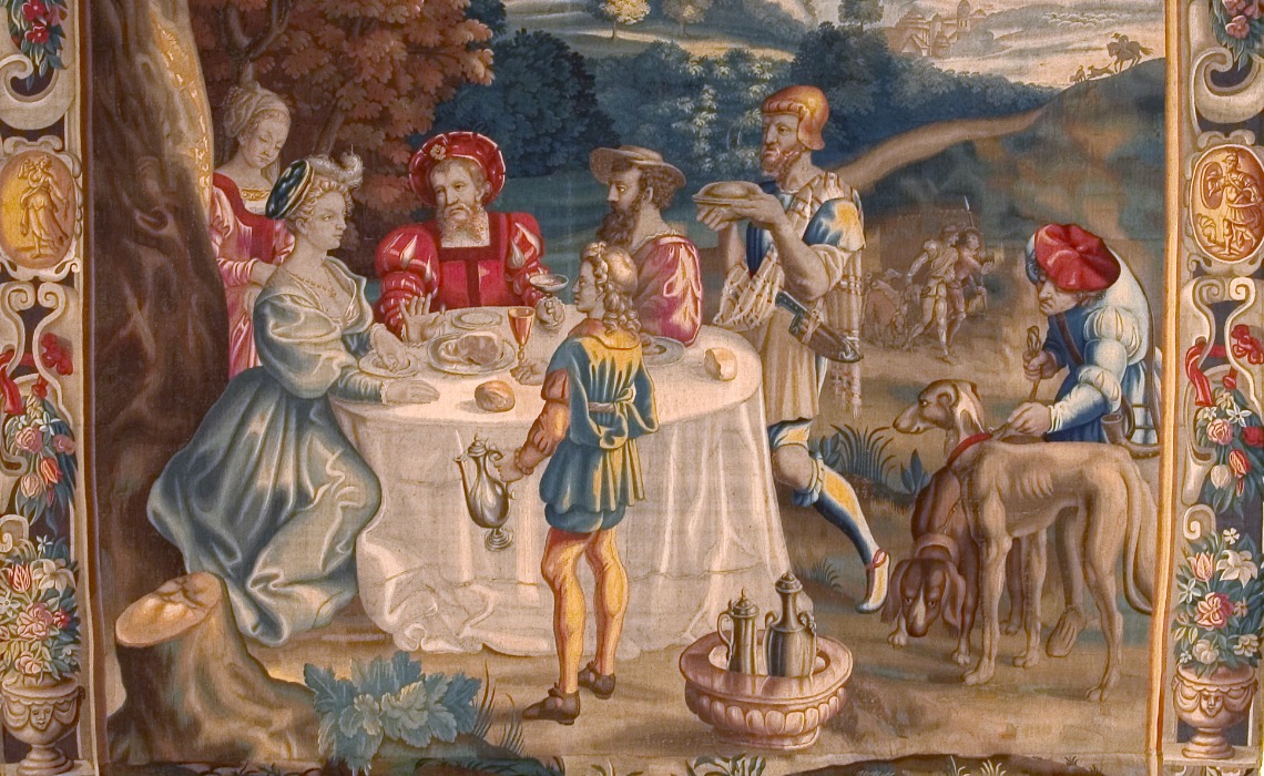 Repas de chasse, tapisserie de Mortlake, 1640-1646.