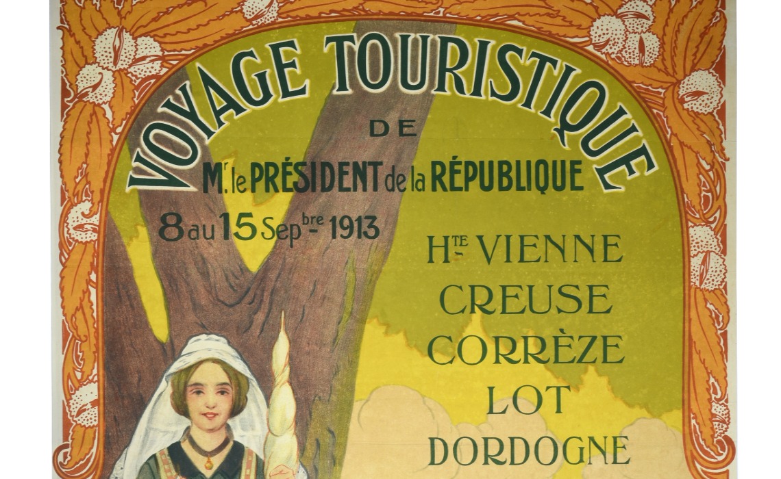 Voyage touristique de Monsieur le Président de la République, affiche de F. Lessart, Imprimerie G. de Malherbe, Chemin de Fer d’Orléans, 1913-1914 ?