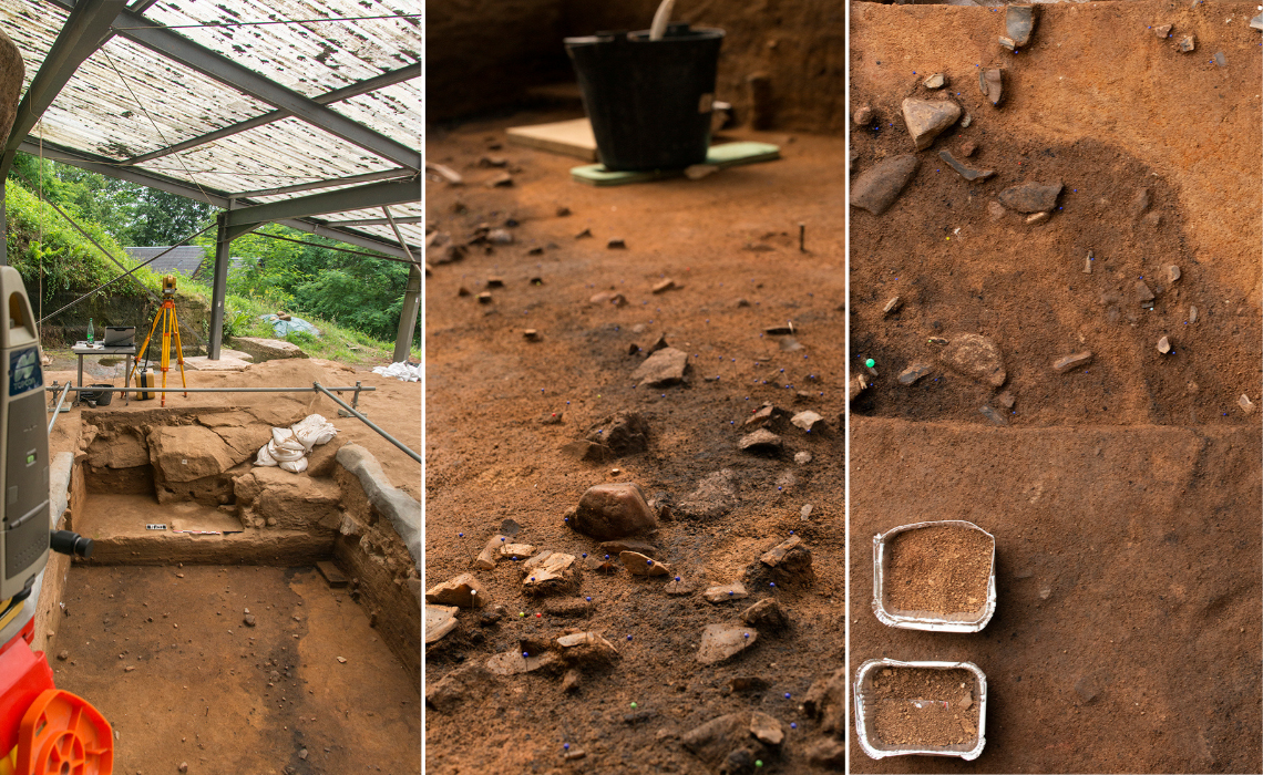 Site archéologique de la grotte Bouyssonie (Brive-la-Gaillarde). Gauche : secteur en cours de fouille. Centre : Vestiges archéologiques découverts. Droite : Carré de fouille en cours de décapage, qui présente notamment des grandes lames. Photos : Emilie Lesvignes, tous droits réservés.